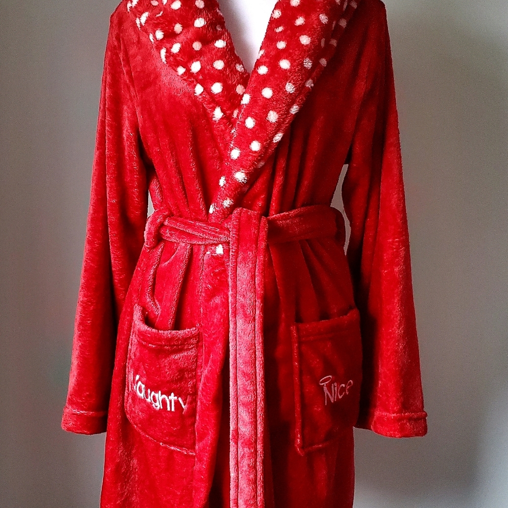 NAUGHTY & NICE Red Velour Polka Dot Hooded Bathrobe Cozy Plush Oversized Small